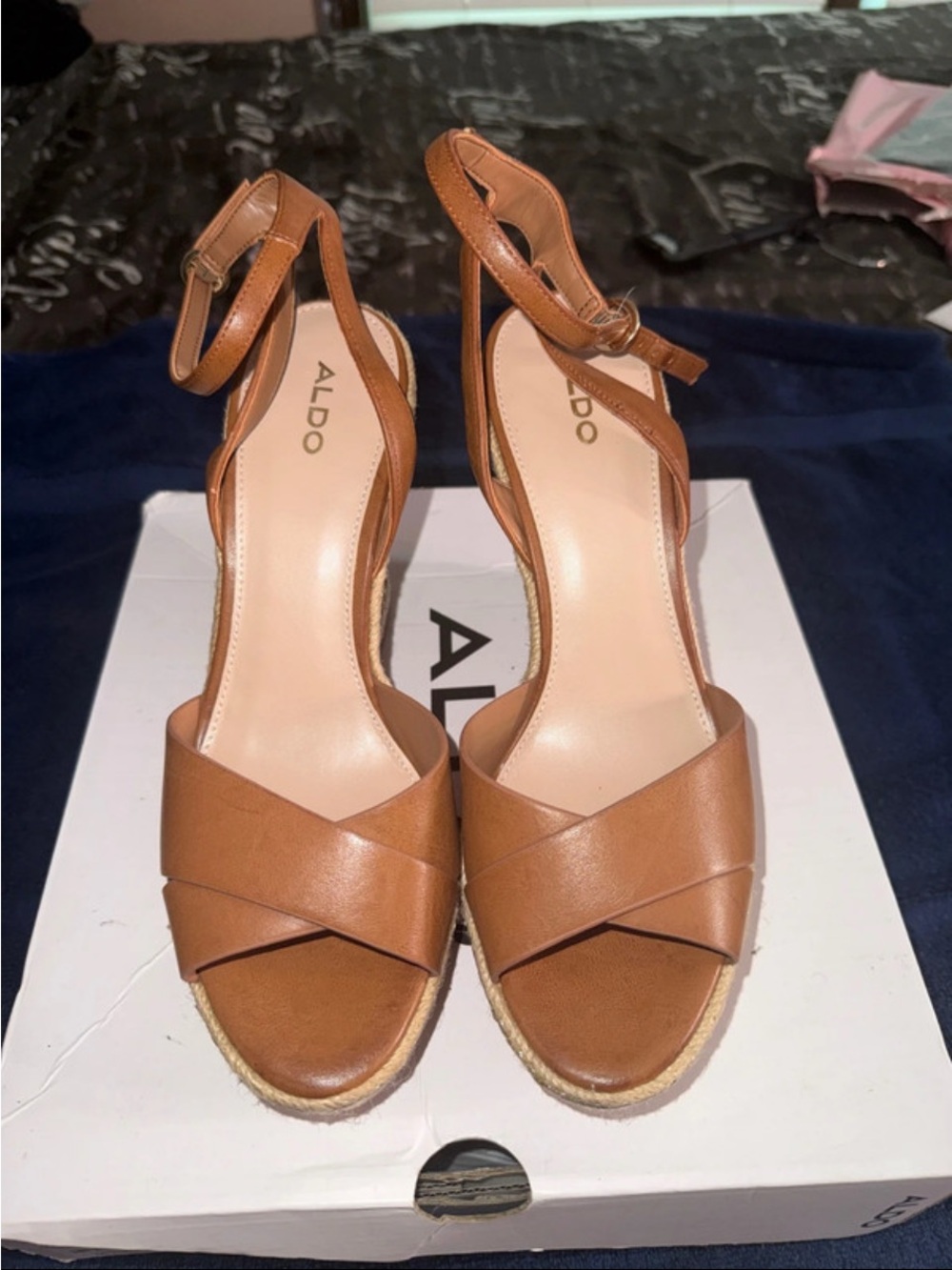 ALDO Tan Leather Crisscross Ankle-Strap Wedge Sandals